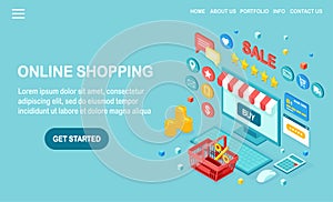 Online shopping , sale concept. Buy in retail shop by internet. 3d isometric computer, laptop with basket, money, credit card,