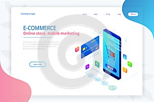 Online shopping, Sale, Consumerism and Online store. Isometric Smart smartphone online shopping template. Mobile