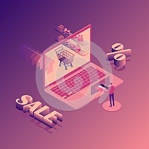 Online shopping sale isometric illustration with laptop, stores orders, buyer isolated vector illustration