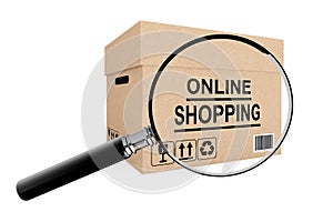 Online shopping search concept. Cardboard box for shipping with