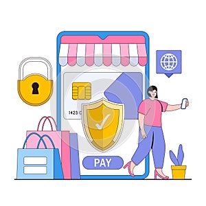 Online shopping security vector illustration concept with characters. Secure online transactions, encrypted payments, e-commerce