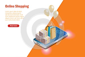 Online shopping. Shopping bag and carton box on smartphone. Template, banner, poster for promotion in online store, e commerce.