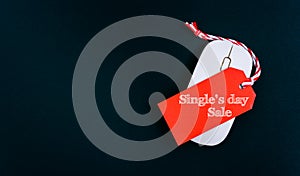 Online shopping Single`s day sale text red tag on computer mouse