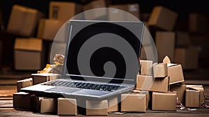 Online shopping. Small business. Many cardboard boxes for shipments and a laptop. Generative AI