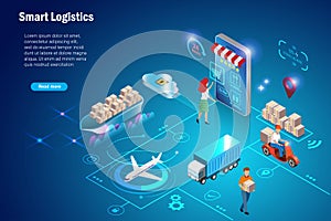 Online shopping and smart global logistics delivery system. Shipment carton delivery in supply chain, airfreight, seafreight and