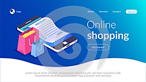 Online shopping with smartphone. E-commerce shoppin. Shopping bag and receipt on the background of a mobile phone