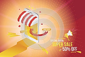Online shopping in smartphone with super sale 50 offer. Phone on the background with lights effects. Flat Vector Illustration