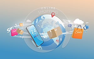 Online shopping store 24 hour on mobile application. Smart business marketing concept. Vector Illustration