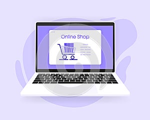 Online shopping store on window on computer screen. Smart business marketing concept. Vector illustration.