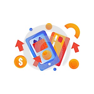 Online shopping symbols, credit card and smartphone, e-commerce concept vector Illustration on a white background