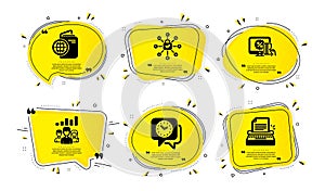 Online shopping, Teamwork results and Travel passport icons set. Clock, Security lock and Typewriter signs. Vector