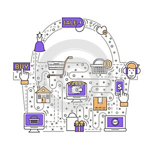 Online shopping vector flat line art illustration