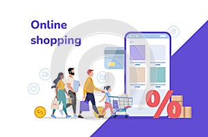 Online shopping vector illustration, flat design people with shopping carts and bags shopping on smartphone application