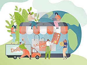 Online shopping vector illustration. Shopper order delivery. Internet shop delivering concept. People buy product on