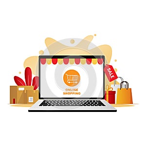 Online shopping via laptop, digital marketing, store, e-commerce shopping concept.