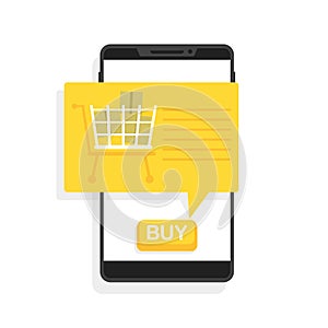 Online shopping via phone, button to buy, vector illustration