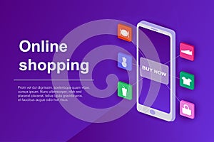 Online shopping web banner. Concept of online store with isometric smartphone. 3d ecommerce website page. Vector.