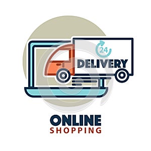 Online shopping web icon template vector computer, delivery truck