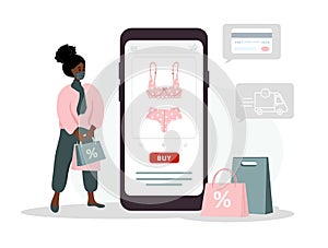 Online shopping on website or mobile app. African woman buys modern underwear at online lingerie store. The product