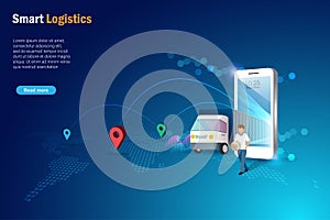 Online smart logistics. Delivery man holding shipment with truck on smart phone screen and location map background. Global