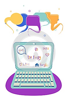 Online social media in cartoon laptop. flat style trend modern logo graphic simple design isolated . concept of user interface for
