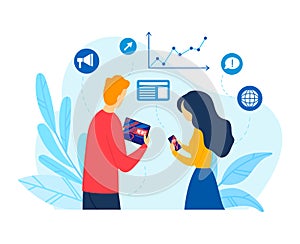 Online social media with flat news technology, vector illustration. People use internet communication concept, network