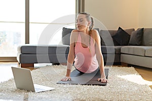 Online sport fitness yoga training. young woman doing exercises on mat opposite laptop with online master class