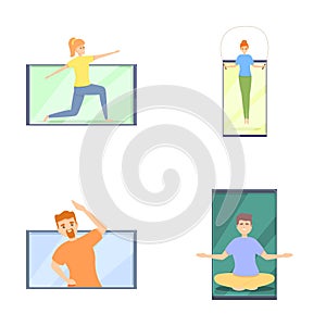 Online sport icons set cartoon vector. Professional instructor trainer online