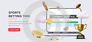 Online sports betting banner concept with lapotop, coins, clouds and a goblet in a realistic style. Vector illustration