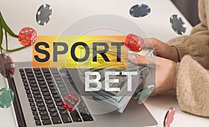 Online sports betting concept with realistic laptop with basketball, football tennis and other balls flying away from