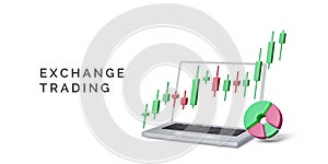 Online stock exchange trading business banner. Trade on stock market. 3D render laptop, pie chart and candlestick diagram