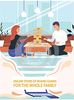 Online store of board games for whole family concept poster. Happy couple playing Jenga tower