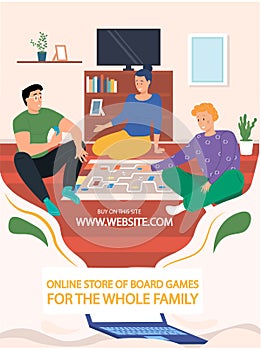 Online store of board games for whole family. Happy family or friends playing logic strategic game