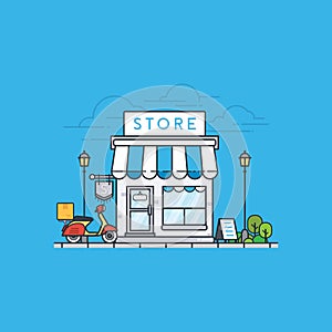 Online store building on blue background