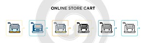 Online store cart vector icon in 6 different modern styles. Black, two colored online store cart icons designed in filled, outline