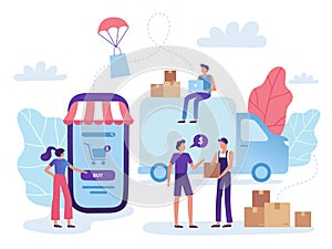 Online store delivery. Web shop retail purchase shiping, goods market purchasing and shopping business vector
