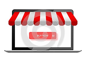 Online store. Digital marketing, vector shop. E-commerce shopping concept. Buy now button on laptop