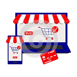 Online store. E-commerce shopping concept with open screen laptop and phone.