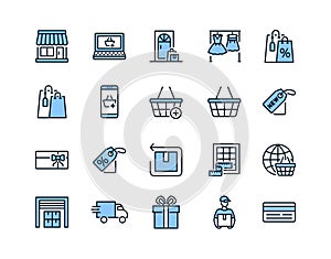 Online store flat line icon set blue color. Vector illustration included symbols. online shopping, contactless delivery