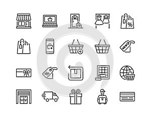 Online store flat line icon set. Vector illustration included symbols. online shopping, contactless delivery, try