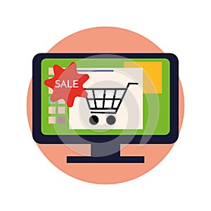 Online Store icon. Shopping Trolley at Big Computer Monitor with Opened Web Application and Goods Icons. Shopcart Signs