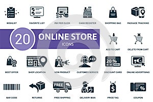 Online store icons set. Creative icons: wishlist, favorite list, pay per click, cash register, shopping bag, package