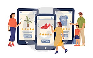 Online store. People shop clothes, shoes plants in internet. Man woman using shopping mobile app vector concept