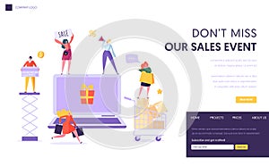Online Store Sale Landing Page Template. Woman Shop Online Using Laptop. E-commerce, Consumerism, Retail Concept