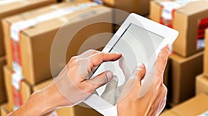 Online store seller& x27;s hands with tablet PC.