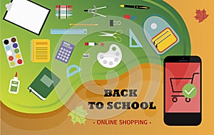 Online store selling school supplies with home delivery. illustration of a website on a laptop screen selling products
