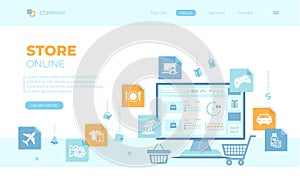 Online Store Shop. Internet virtual shopping, e-commerce, digital marketing. Monitor with webstore on the screen, cart, basket.