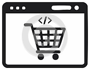 Online Store Web Development Icon with Shopping Cart and Code Symbol