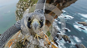 An online streaming camera stationed beside a cliffside peregrine falcon nest, providing breathtaking views of the