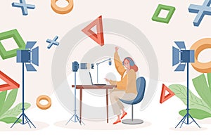 Online streaming vector flat illustration. Woman playing video games on laptop and making a video recordings.